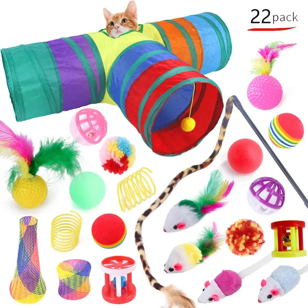 22-piece cat toy set with colorful tunnel, feather wands, balls, and mice for interactive play