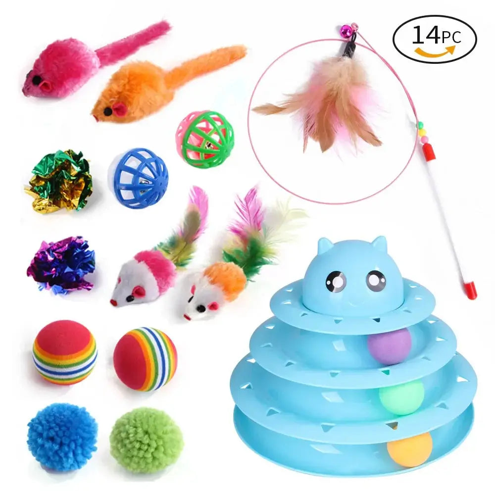 14-piece cat toy set with feather wand, mouse toys, balls, and interactive tower for playful feline fun