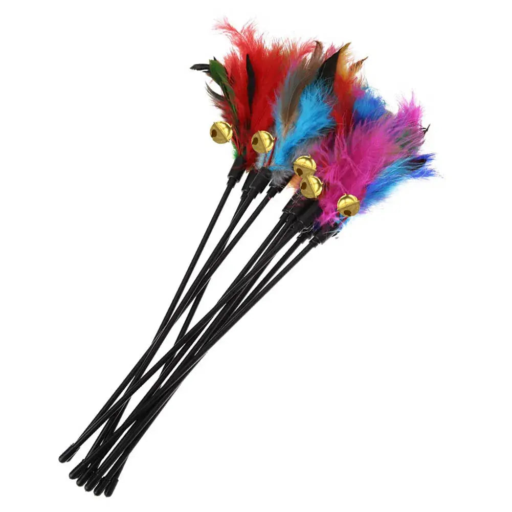 Colorful feather cat toys with bells on black wands for interactive play and exercise
