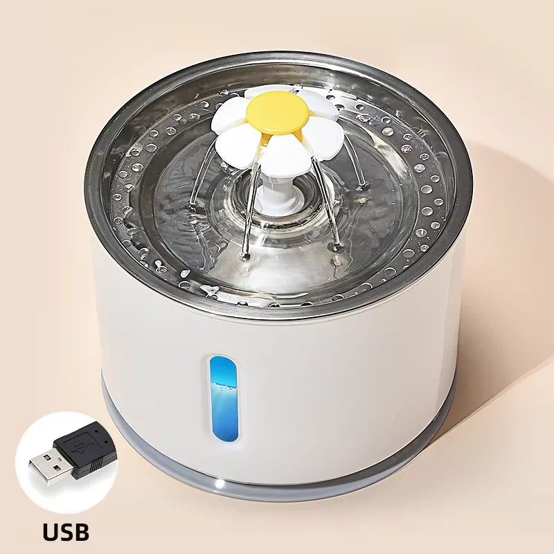 USB pet water fountain with flower design, stainless steel basin, and water level indicator for cats and dogs