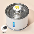 USB pet water fountain with flower design, stainless steel basin, and water level indicator for cats and dogs