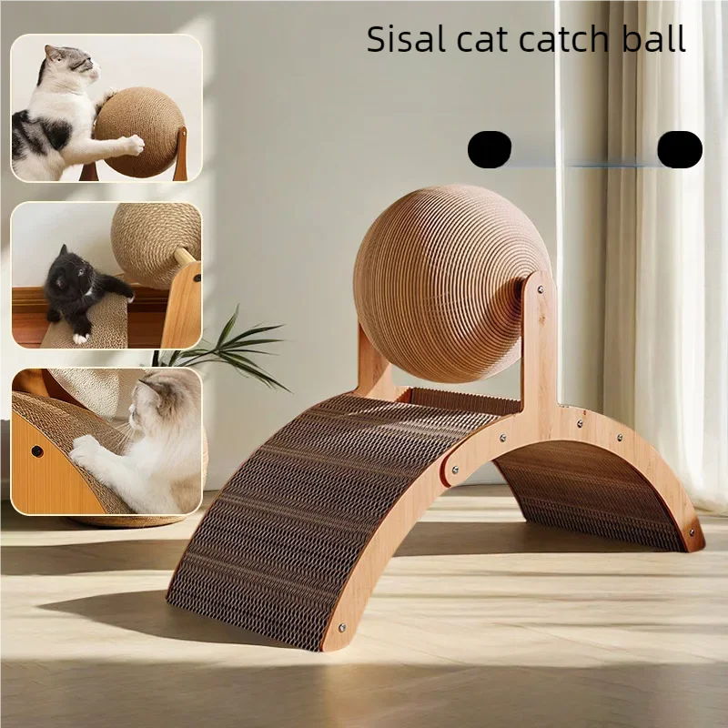Wooden Cat Scratching Ball 2 In 1 Cat Scratcher Sisal Scratch Board Wear-Resistant Grinding Paw Toy Solid Wood Scraper for Cats Oz Pet Hub
