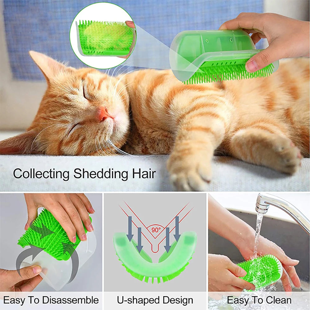 Green cat grooming brush collecting shedding hair, easy to clean & disassemble, U-shaped design for pets