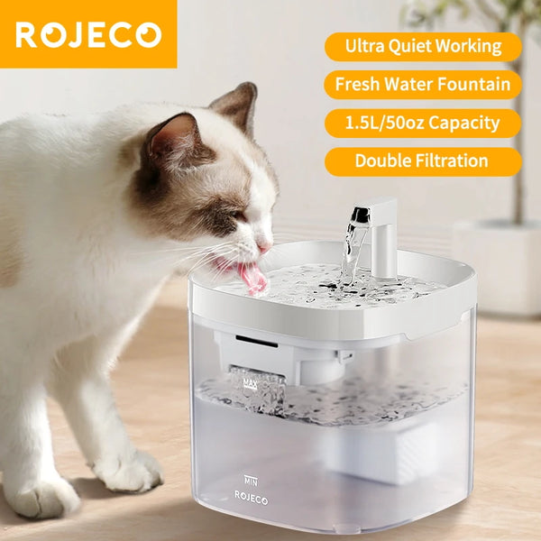 Cat drinking from ROJECo 1.5L fresh water fountain with double filtration, ultra quiet for pets