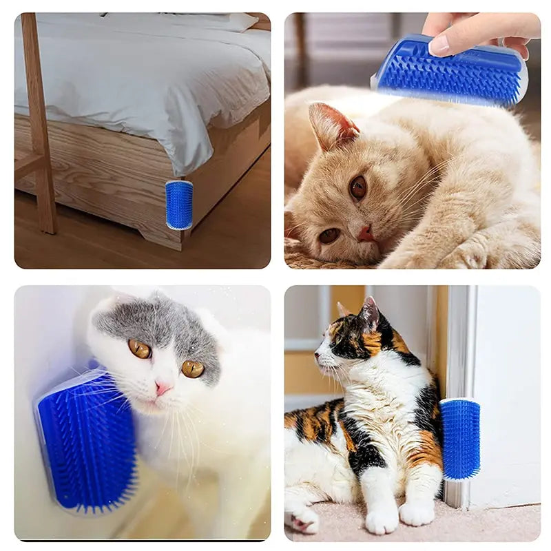 Blue cat self-grooming brush mounted on furniture, wall, and door for pet grooming and scratching relief