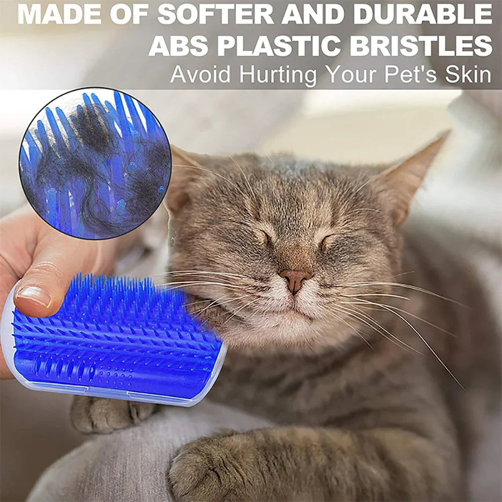 Blue pet grooming brush with soft ABS bristles gently brushing a relaxed cat, ideal for cat hair removal and skin care