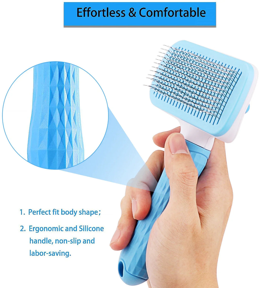 Blue ergonomic pet grooming brush with silicone handle and metal bristles for effortless, comfortable use