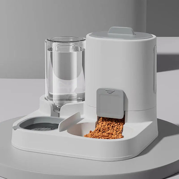 Automatic pet feeder with water dispenser and dry food bowl for dogs or cats