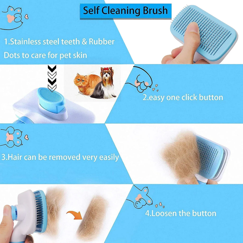 Self-cleaning pet brush with stainless steel teeth, easy one-click hair removal for dogs and cats