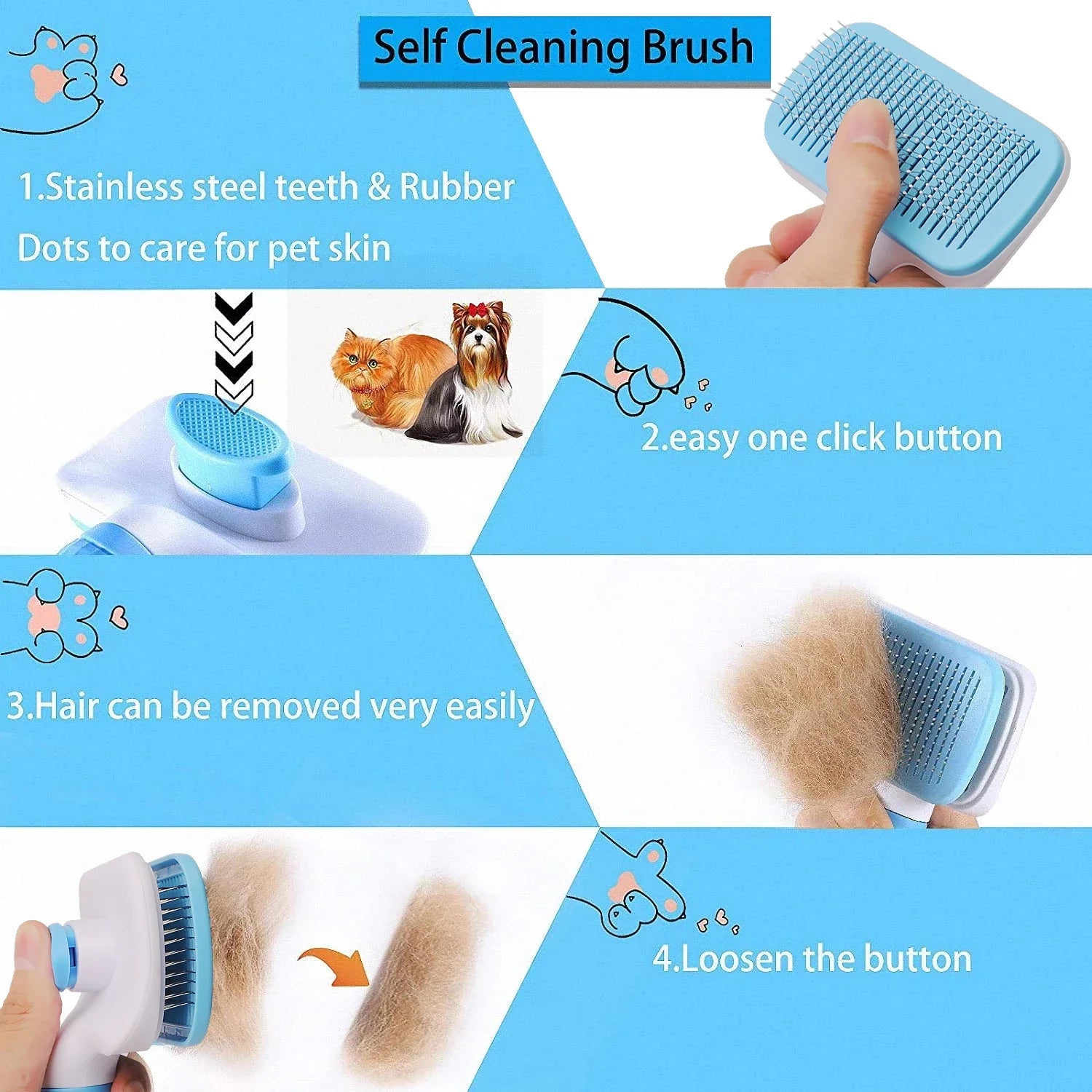 Self-cleaning pet brush with stainless steel teeth, easy one-click hair removal for dogs and cats