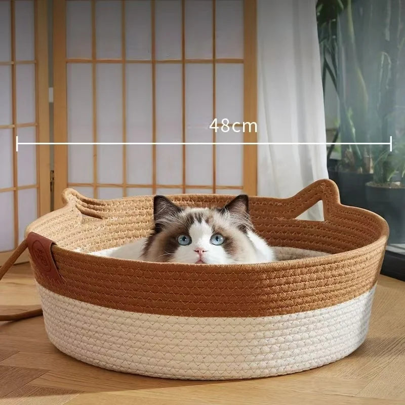 Pet Cat Bed Round Hand Woven Rattan Cat Beds Summer Cooling Kitten Basket Cotton Rope Cat Scratching Baskets Oz Pet Hub