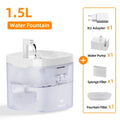 1.5L automatic pet water fountain with EU adapter, pump, and filters for cats and dogs