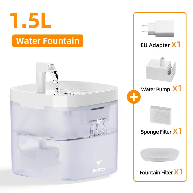 1.5L automatic pet water fountain with EU adapter, pump, and filters for cats and dogs