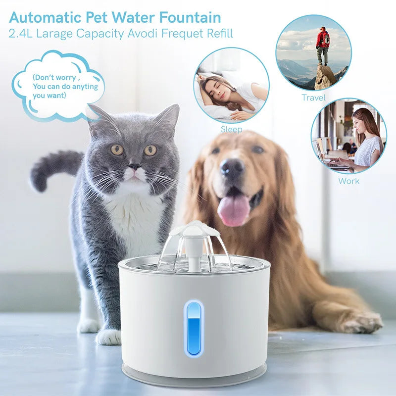 Automatic 2.4L pet water fountain for cats and dogs with LED level indicator, ideal for home, travel, or work