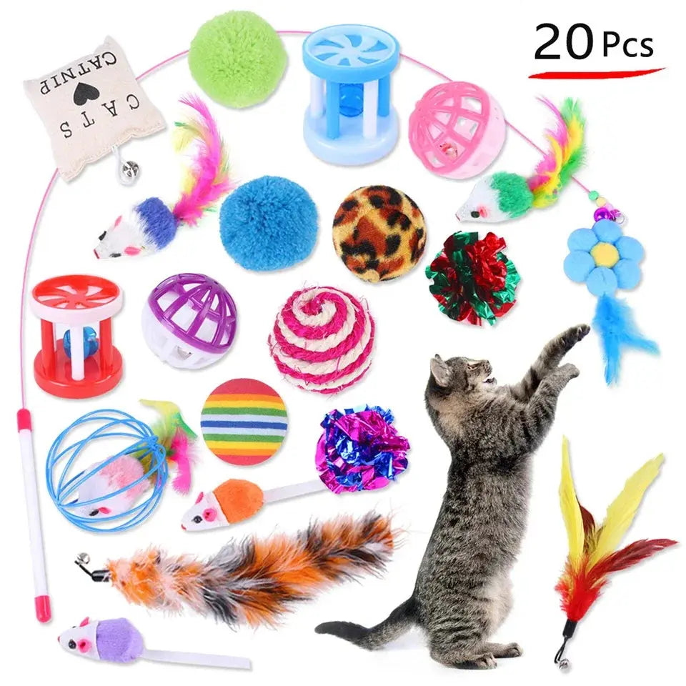 20-piece cat toy set with feather wands, balls, and catnip mice for interactive play and grooming