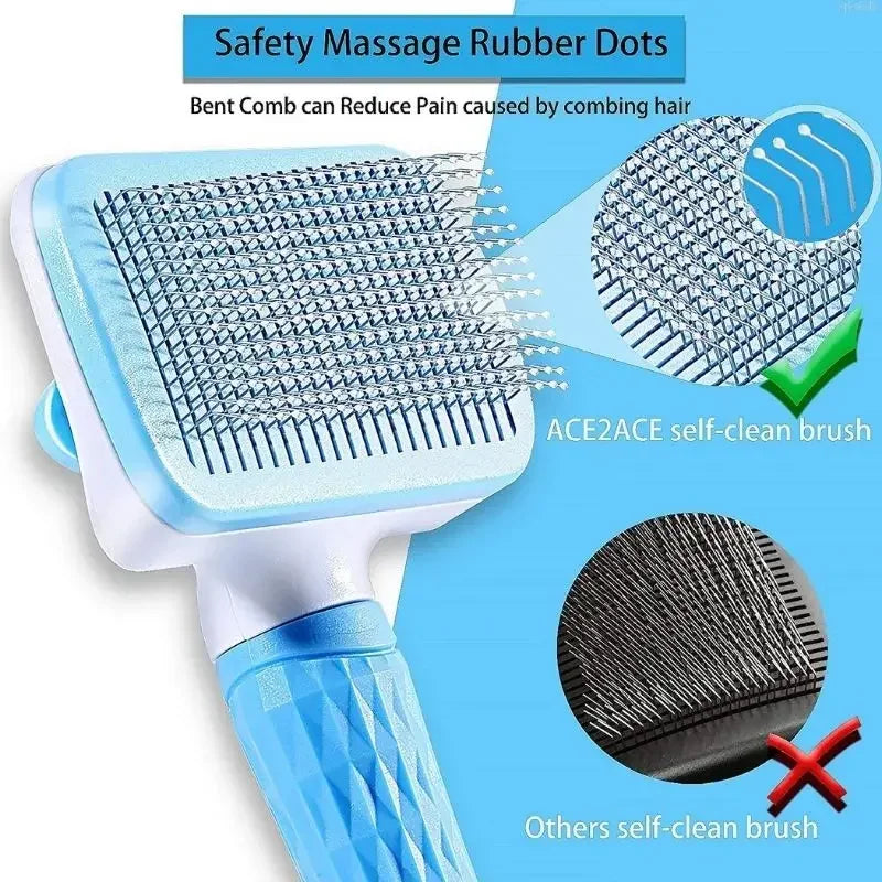 Blue pet grooming brush with safety massage rubber dots and self-clean feature for dogs and cats