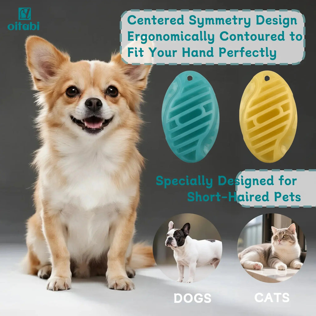 Ergonomic pet grooming brush for short-haired dogs and cats, featuring contoured design and gentle bristles