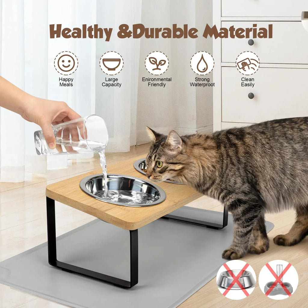 Cat drinking from elevated stainless steel bowl on bamboo stand, healthy durable pet feeder