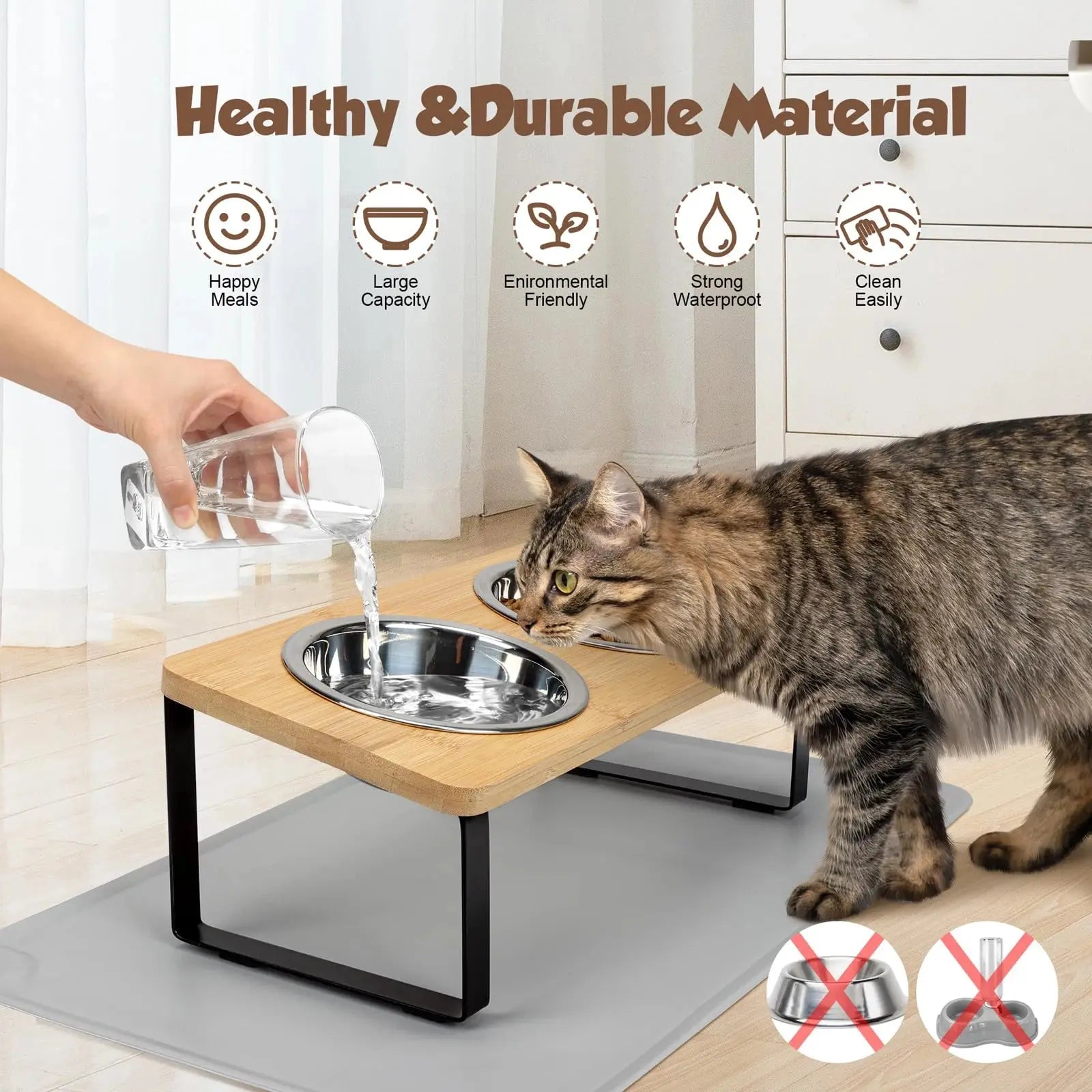 Cat drinking from elevated stainless steel bowl on bamboo stand, healthy durable pet feeder
