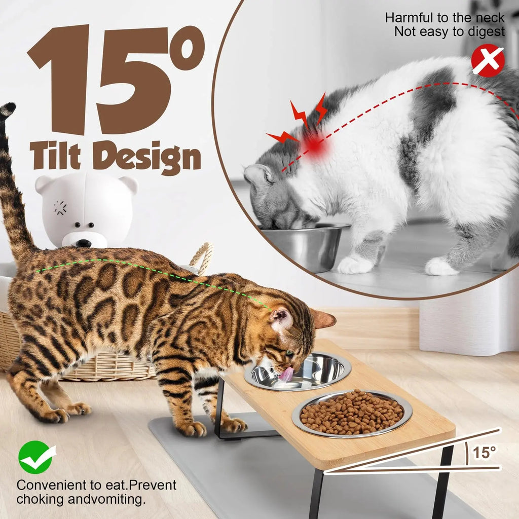 Cat eating from 15° tilted bamboo feeder, preventing neck strain and choking, ideal for pet health and comfort