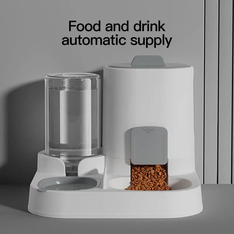 Automatic pet feeder and waterer with dry food and water dispensers for dogs or cats