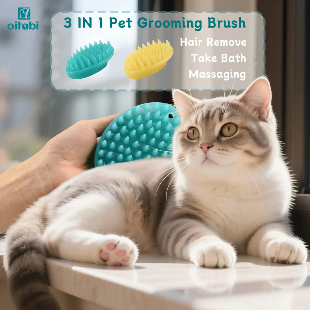 3-in-1 pet grooming brush for cats, removes hair & massages during bath time