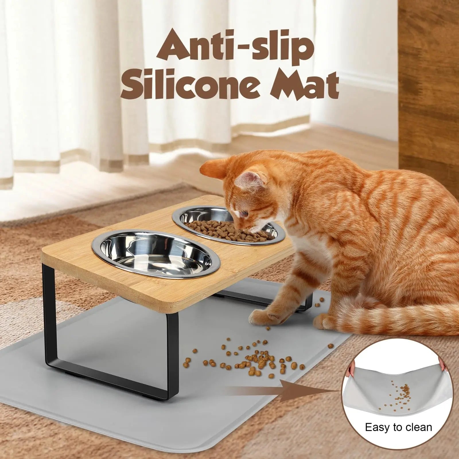 Orange cat eating from elevated feeder on anti-slip silicone mat, easy to clean pet feeding accessory