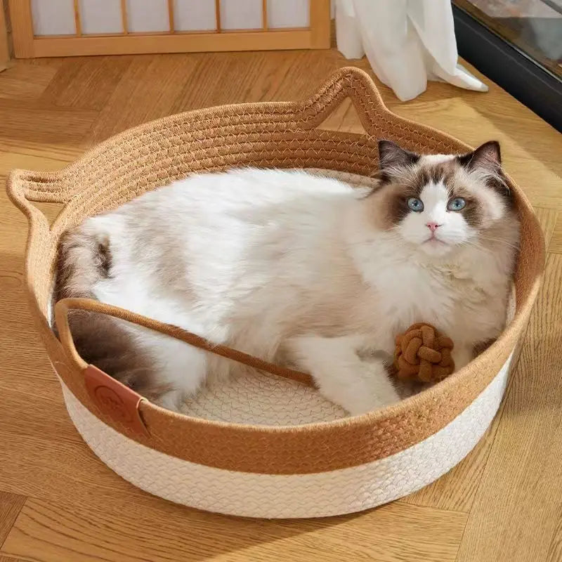 Pet Cat Bed Round Hand Woven Rattan Cat Beds Summer Cooling Kitten Basket Cotton Rope Cat Scratching Baskets Oz Pet Hub