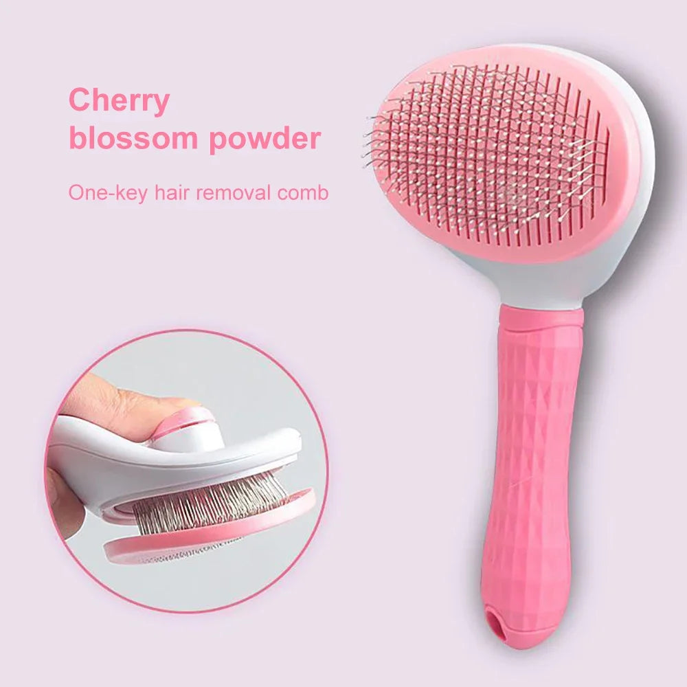 Pink cherry blossom powder pet grooming brush with one-key hair removal comb for dogs and cats