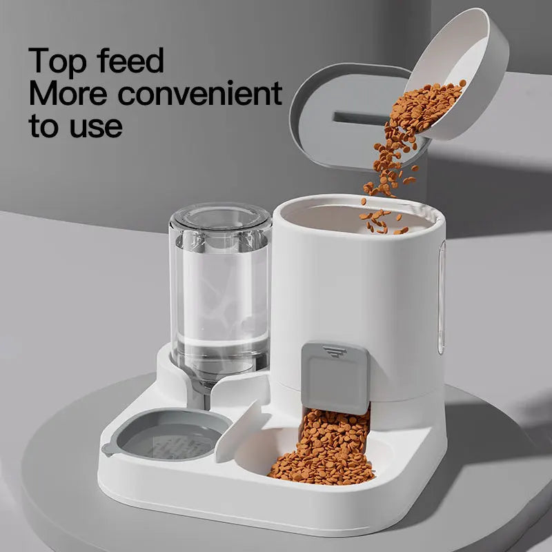 Automatic pet feeder with top-fill design dispensing dry kibble and water dispenser for dogs or cats