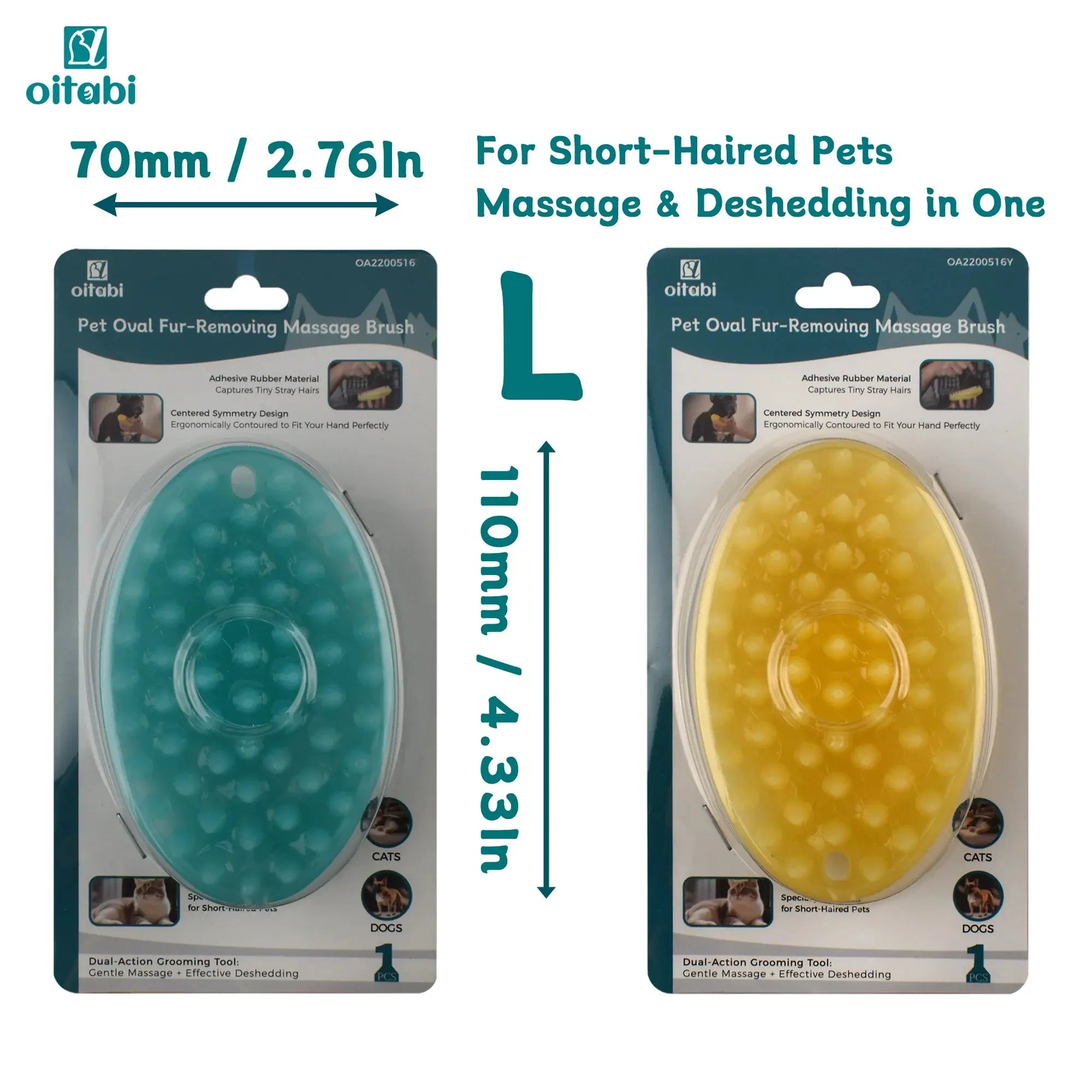 Oitabi pet oval fur-removing massage brush for short-haired dogs & cats, gentle deshedding & grooming tool