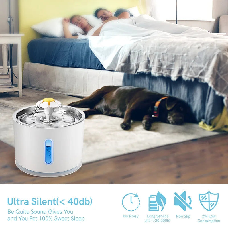 Quiet pet water fountain with flower design, silent operation for dog's sweet sleep near bed