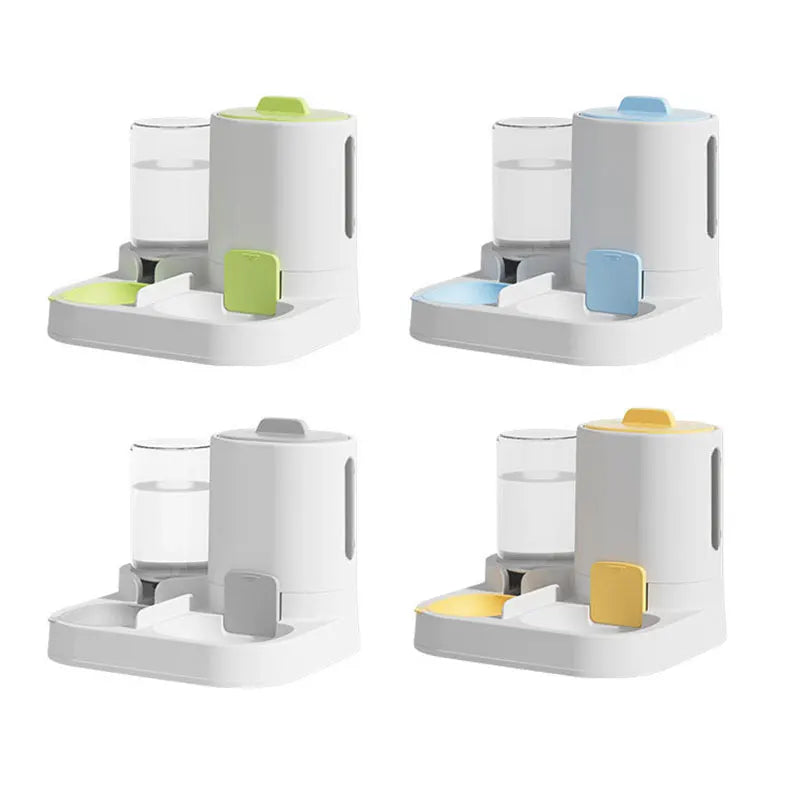 Automatic pet feeder with water dispenser in green, blue, gray, yellow for cats and dogs