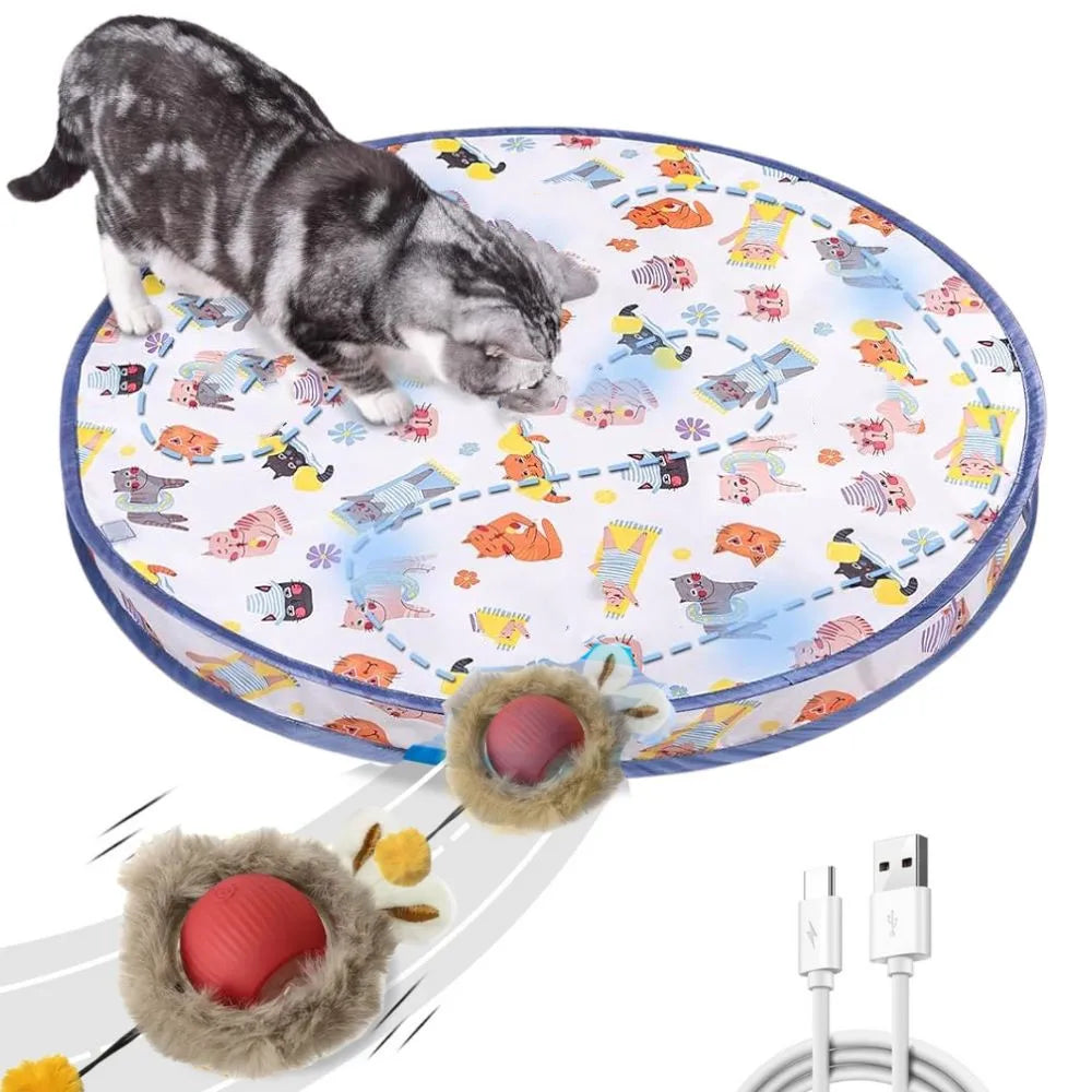 Interactive Cat Chase Toy with USB Rechargeable Rolling Balls - Durable Plastic & Soft Polyester, Cartoon Design for Exercise & Oz Pet Hub