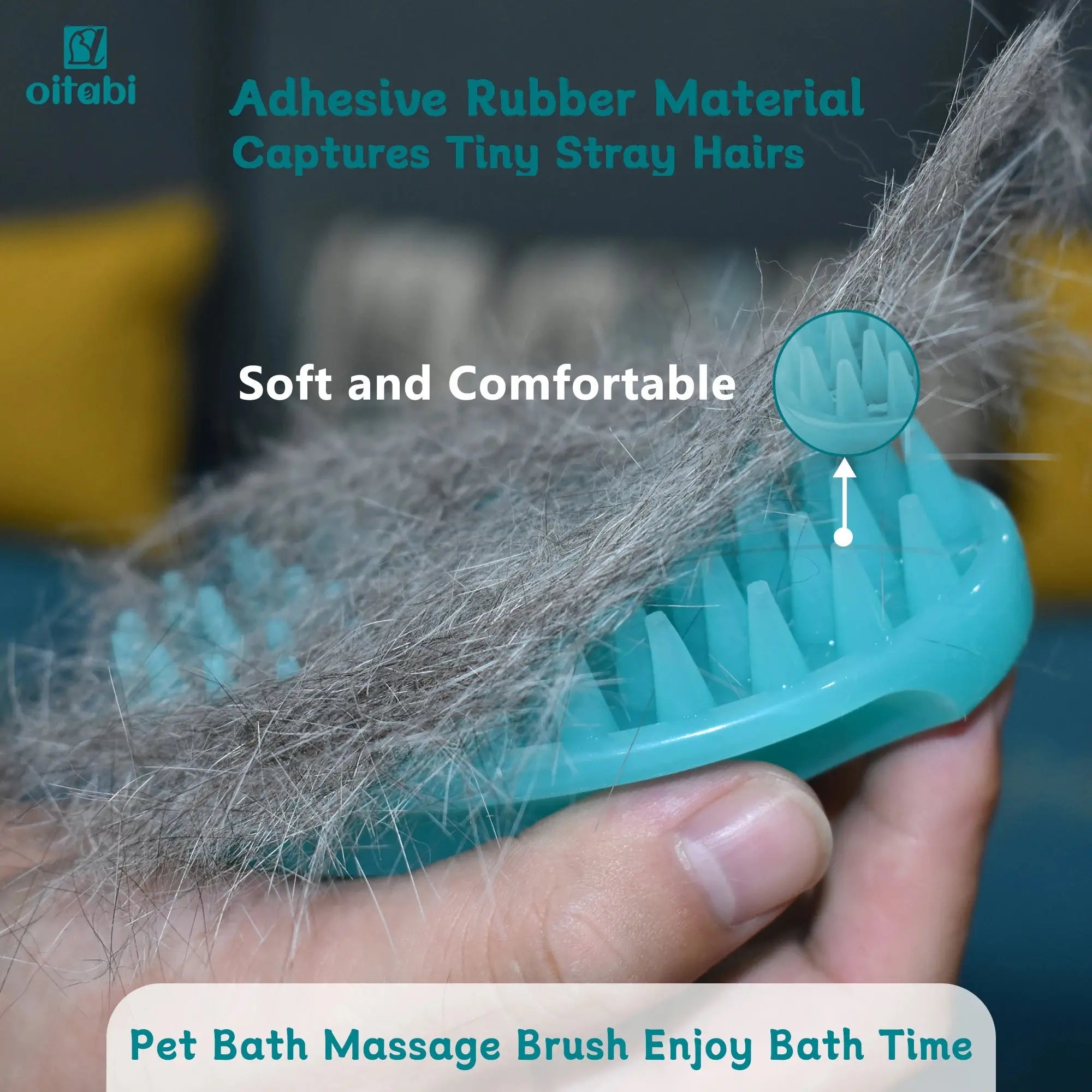 Soft pet bath massage brush with rubber bristles gently removing loose fur for comfortable grooming