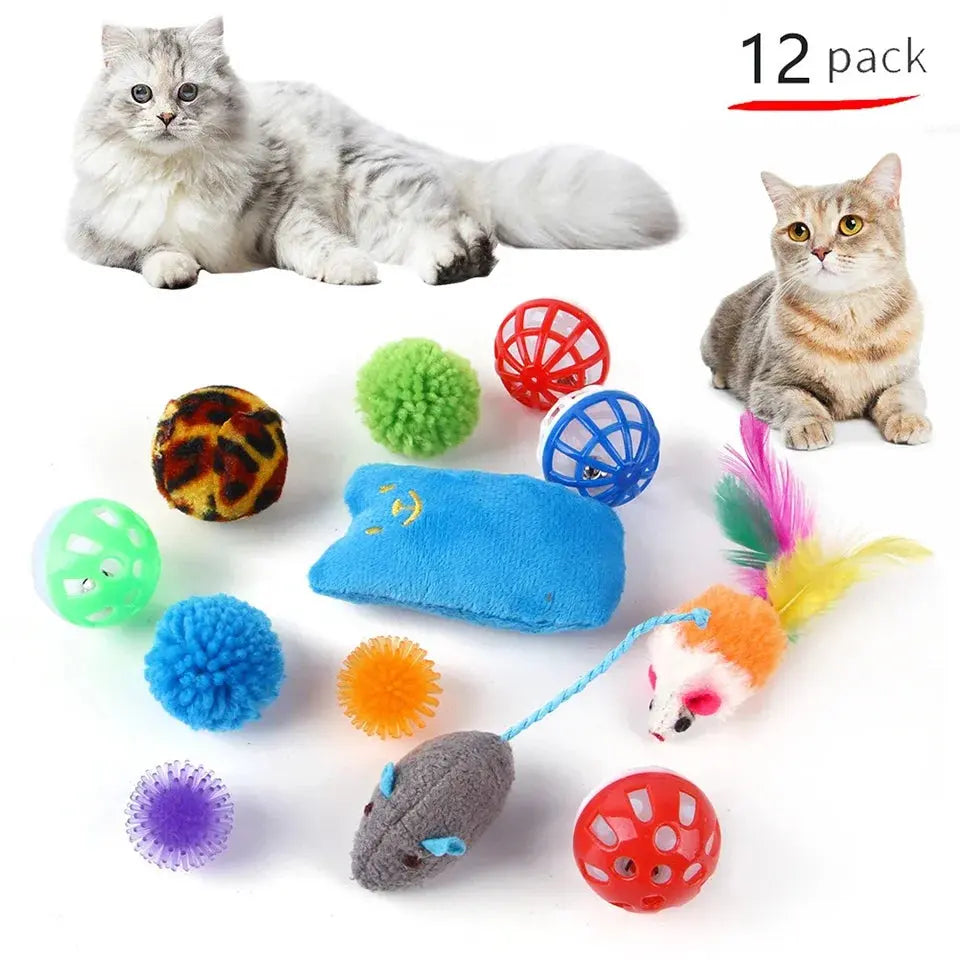 12-pack cat toys with mice, balls, and feathers for playful cats