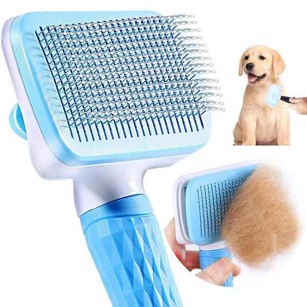 Blue self-cleaning dog brush removing loose fur, ideal for pet grooming and shedding control