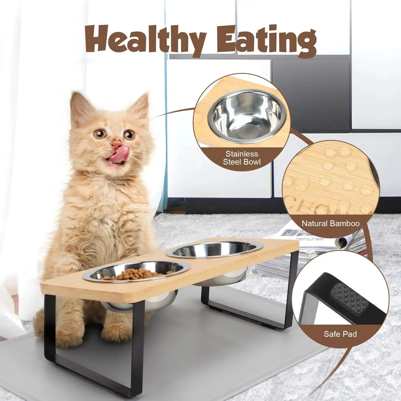Cute kitten with elevated bamboo pet feeder featuring stainless steel bowls and non-slip pads for healthy eating