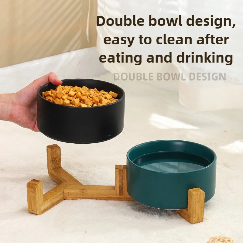Ceramic Pet Bowl Dish With Wood Stand No Spill Pet Ceramic Double Bowl For Dog Cat Food Water Feeder Cats Small Dogs Pet bowl Oz Pet Hub