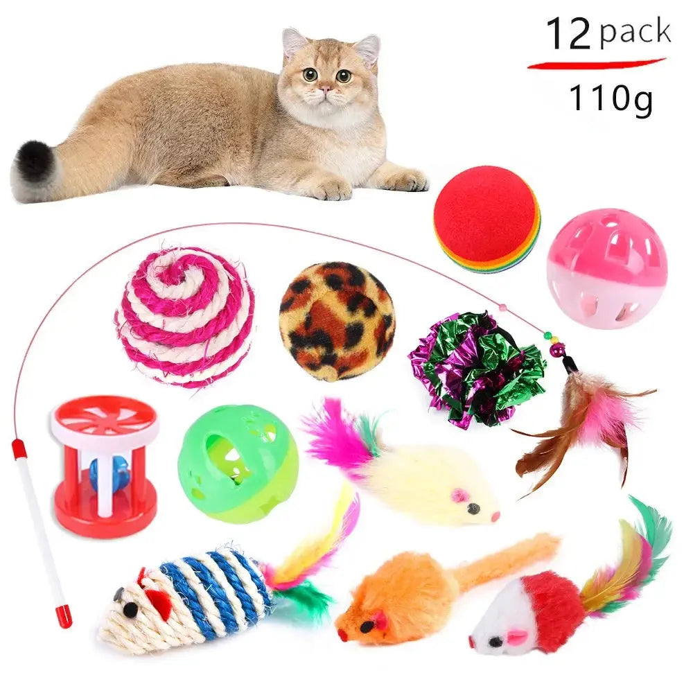 12-pack cat toys including feather wands, plush mice, and interactive balls for playful feline fun
