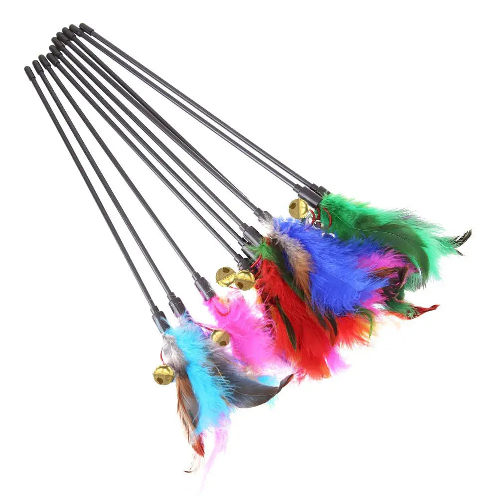 Colorful feather cat wands with bells for interactive pet play and exercise