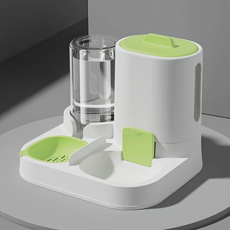 Automatic pet feeder and water dispenser with green accents for dogs and cats