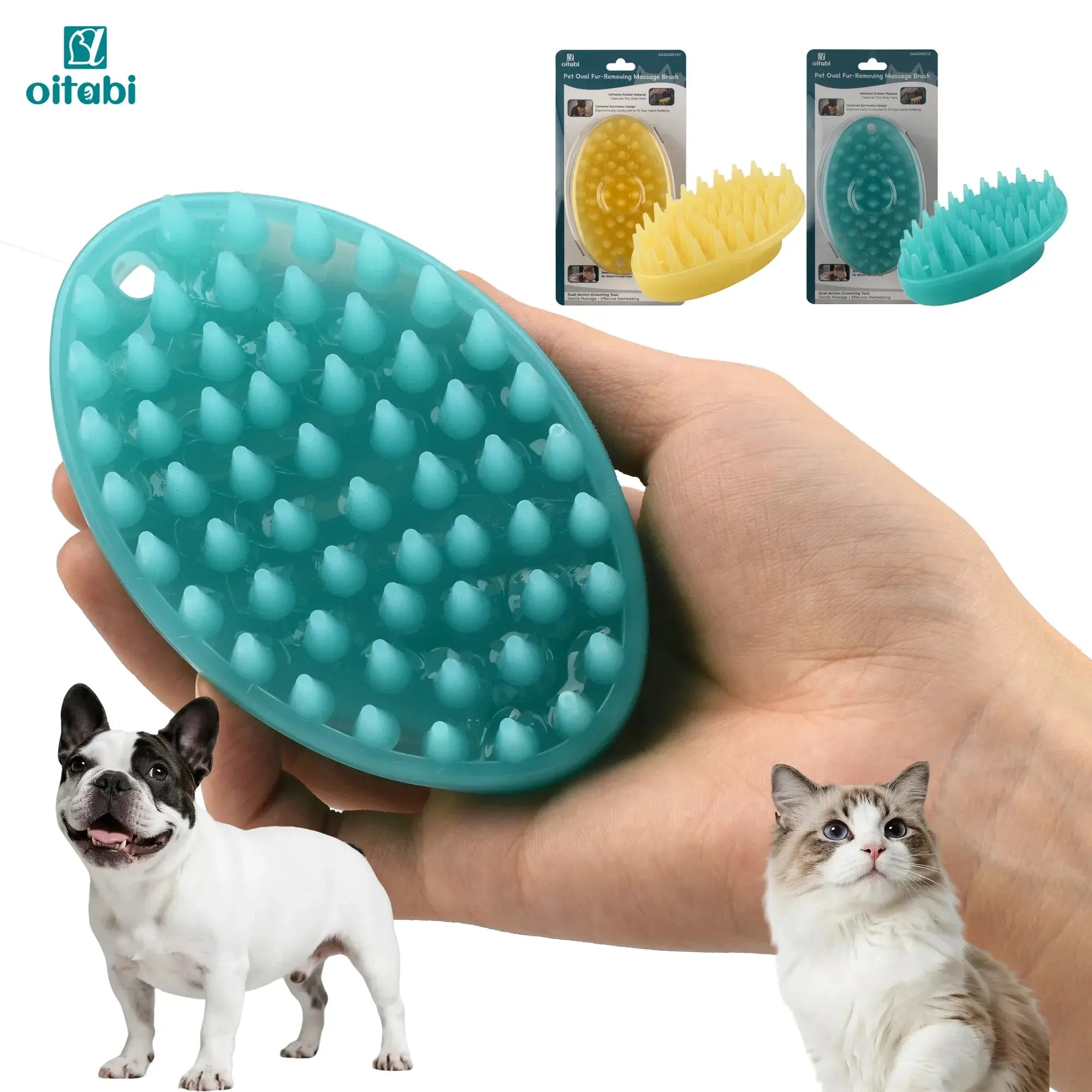 Teal pet grooming brush with soft silicone spikes for dogs and cats, ideal for fur removal and massage.
