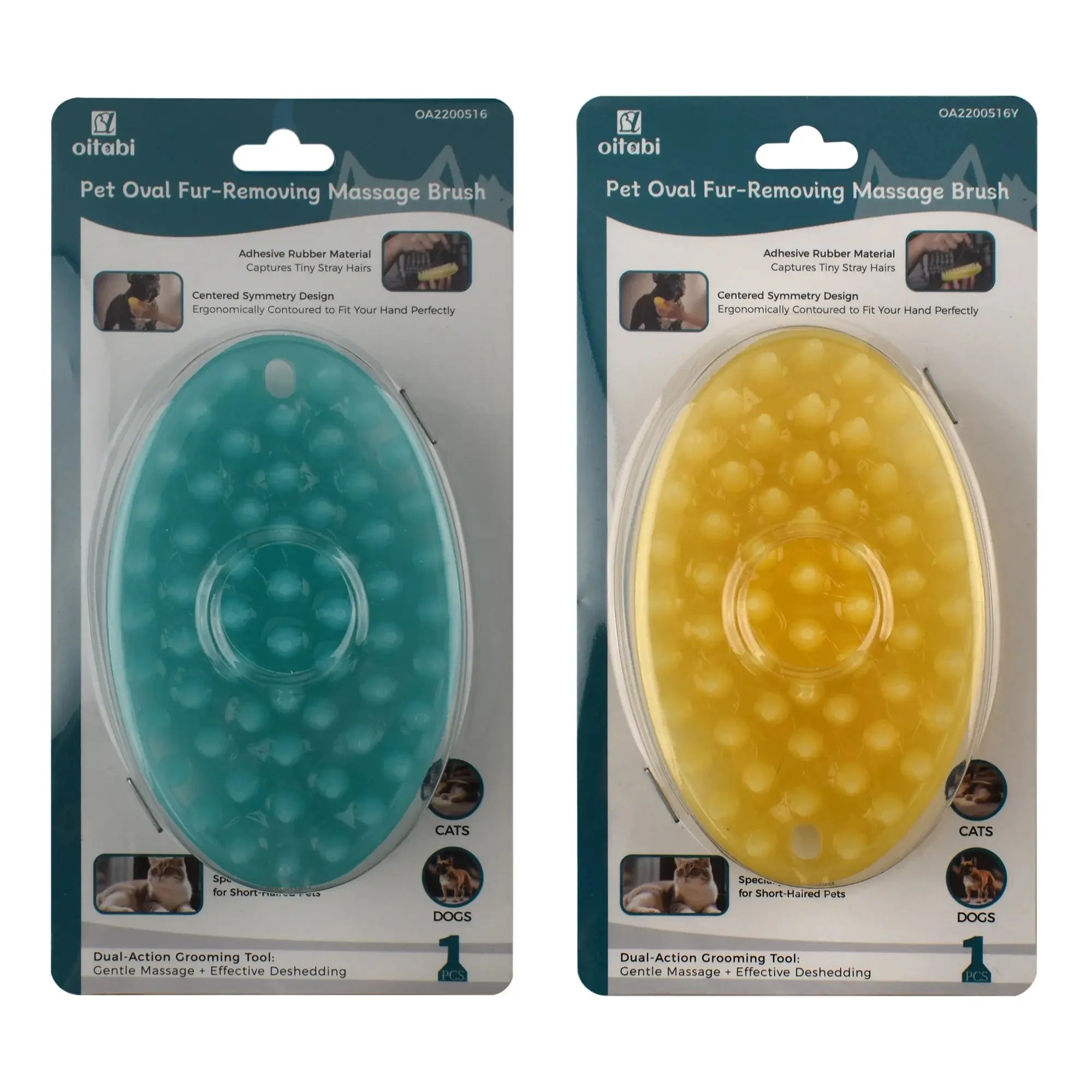 Oval pet grooming brush for dogs and cats, gentle massage & deshedding tool in teal and yellow