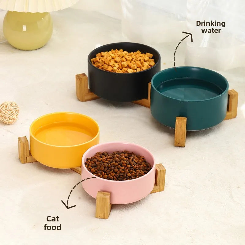 Ceramic Pet Bowl Dish With Wood Stand No Spill Pet Ceramic Double Bowl For Dog Cat Food Water Feeder Cats Small Dogs Pet bowl Oz Pet Hub