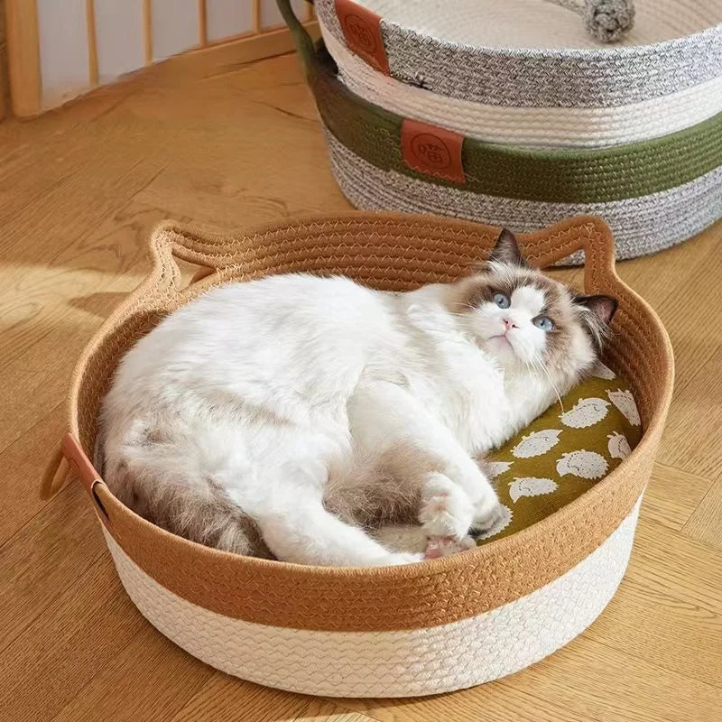 Pet Cat Bed Round Hand Woven Rattan Cat Beds Summer Cooling Kitten Basket Cotton Rope Cat Scratching Baskets Oz Pet Hub