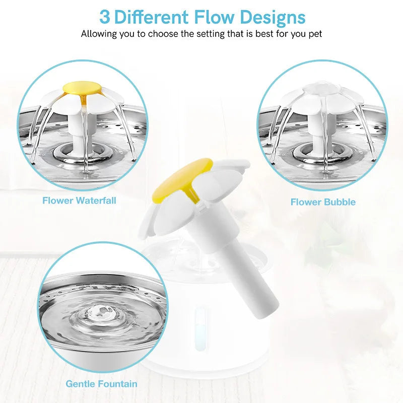Pet water fountain with 3 flow modes: flower waterfall, flower bubble, gentle fountain for cats & dogs