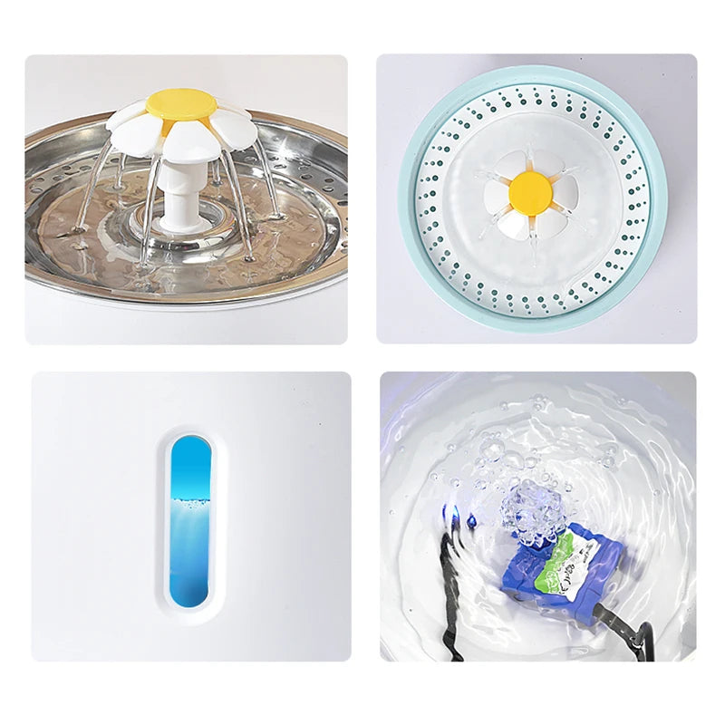 Flower-shaped pet water fountain with filter, pump, and water level indicator for cats and dogs