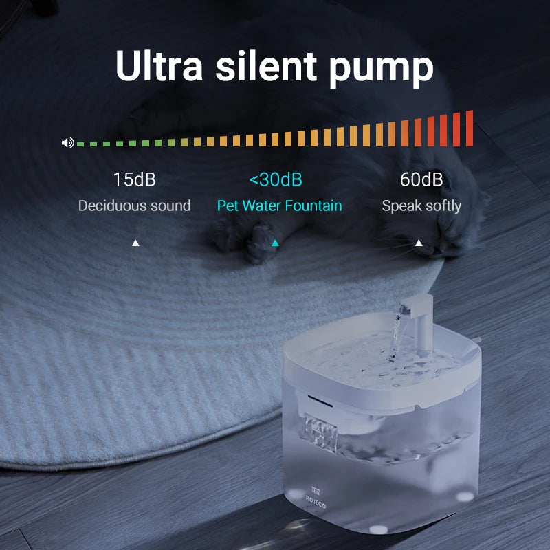 Ultra silent pet water fountain with <30dB pump, ideal for cats and quiet homes