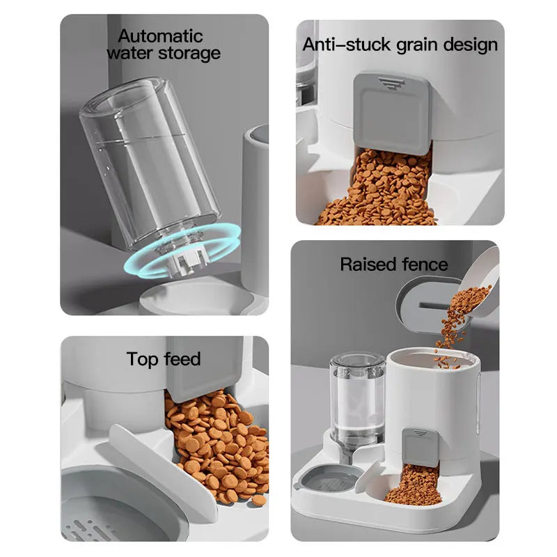 Automatic pet feeder with water dispenser, anti-stuck grain design, top fill, and raised fence for dogs and cats
